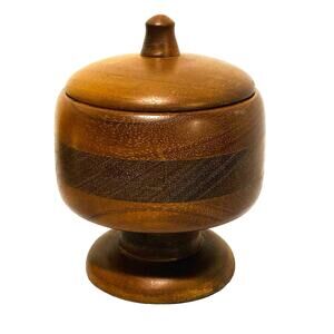 Vintage 1972 Signed Hand Turned Wood Pedestal Jar & Lid Covered Candy Dish